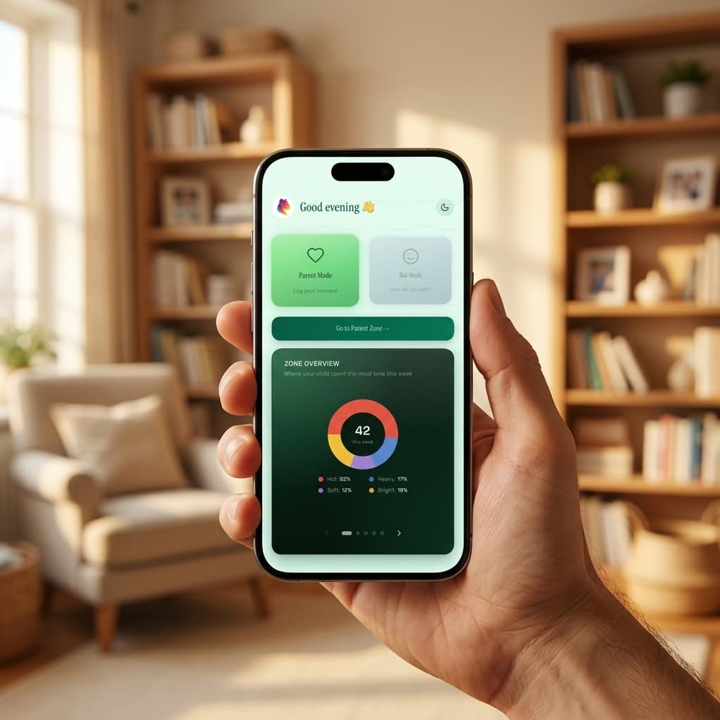 Parent holding phone with Step 0 App home dashboard