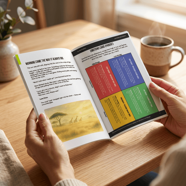 Parent reading The Repair Manual — story and emotion cards visible